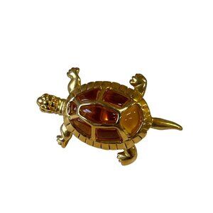 Vintage AVON Gold Tone Amber Lucite Jelly Belly Turtle Brooch Pin